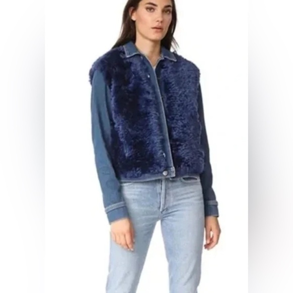 L'AGENCE Carolina denim blue shearling jacket - Picture 3 of 8